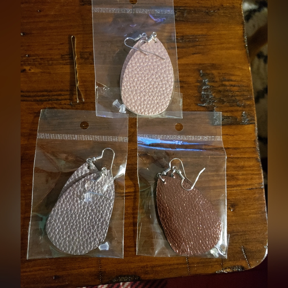 Pleather Hammered Large Drop Earrings 3 Pack Rose Silver Bronze